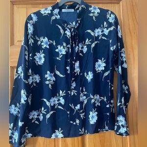 Chic Navy Tie Neck Long Sleeve Navy Blouse